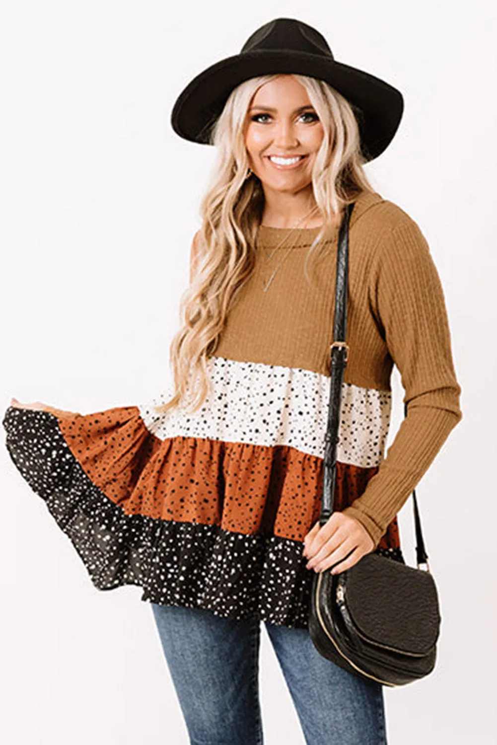 Brown Ribbed Long Sleeve Dotted Tiered Ruffled Flowy Top