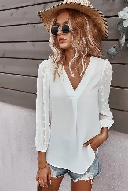 Dotted Sleeves V-Neck Blouse