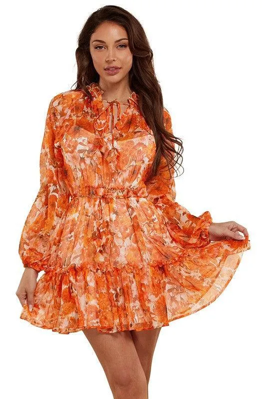 Fall Floral Cinched Chiffon Mini Dress