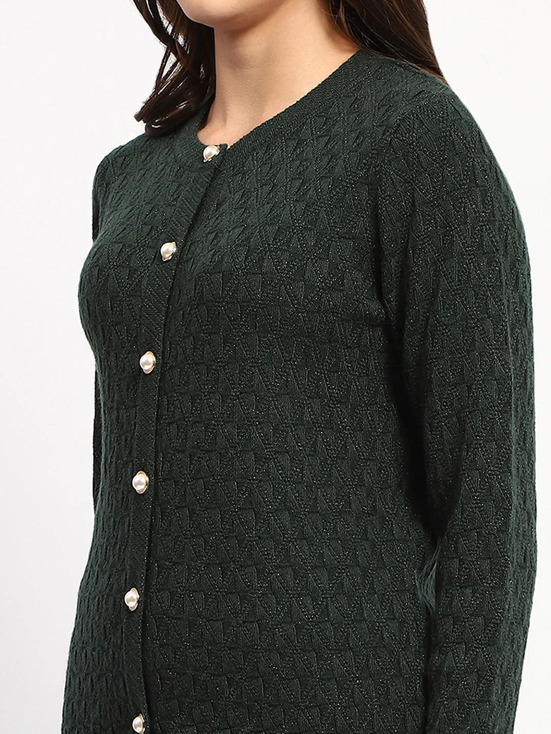 Madame Shimmer Cable Knit Pearl Buttoned Bottle Green Cardigan