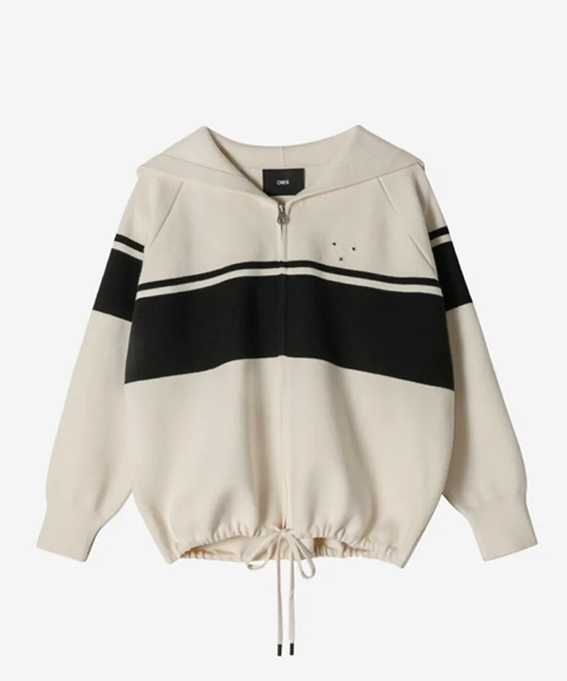 OBER Golf Color Block Hooded Knit Cardigan - Light Beige
