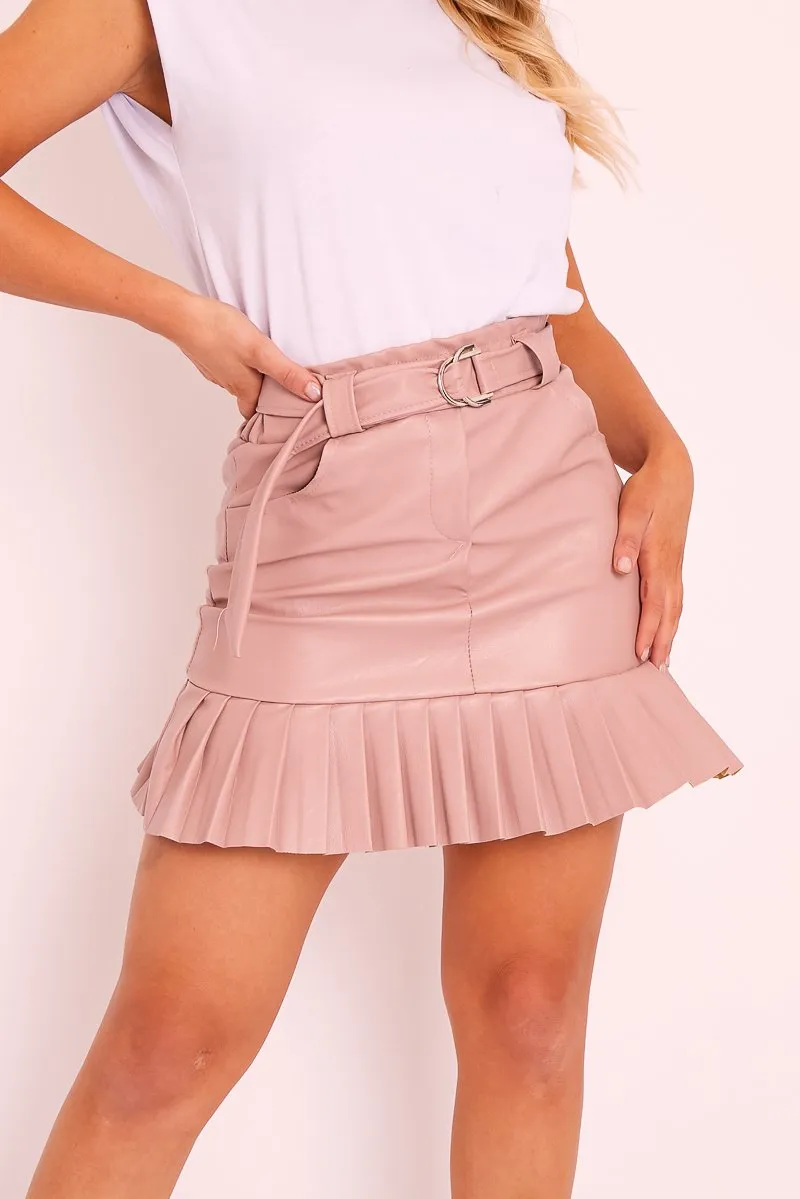 Pink Faux Leather Pleated Belted Mini Skirt - Bex